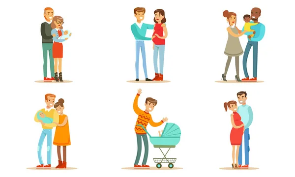 Happy Traditional Families with Newborn Babies Set, Usmívající se matka, Otec a děti, Rodinný pár Očekává dítě vektorové ilustrace — Stockový vektor