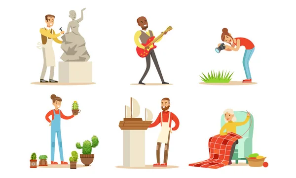 People of Creative Professions and Hobbies Set, Making Model of Sail Boat, Knitting, Planting Succulents, Playing Guitar, Photographing Vector Illustration — стоковий вектор