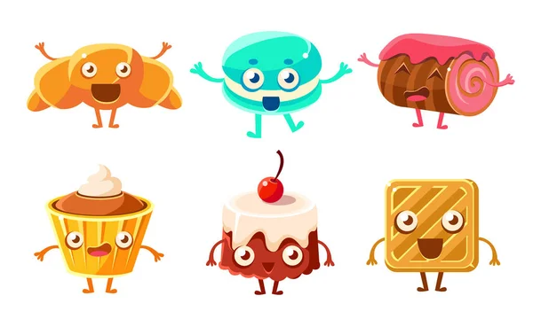 Divertenti personaggi dei cartoni animati Set, Croissant, Cupcake, Roll Cake, Macaroon, illustrazione vettoriale dei biscotti — Vettoriale Stock