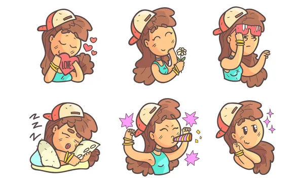 Chica adolescente en gorra de béisbol mostrando varias emociones Set Vector Ilustración — Archivo Imágenes Vectoriales