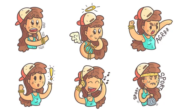 Ragazza carina nel berretto da baseball che mostra varie emozioni insieme vettoriale illustrazione — Vettoriale Stock