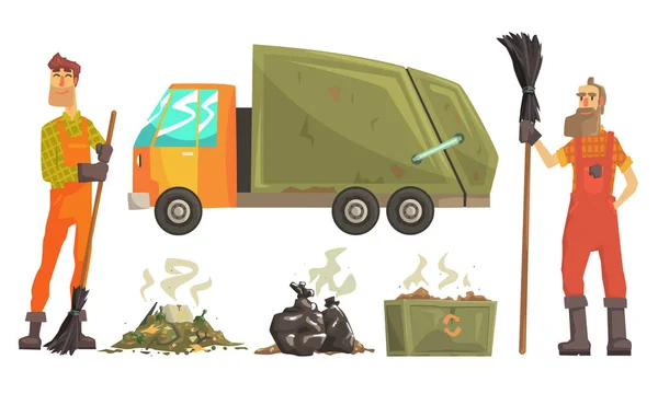 Sanitation Workers Gathering Garbage and Waste for Recycling, Carbage Truck Vector Illustration — Stock Vector