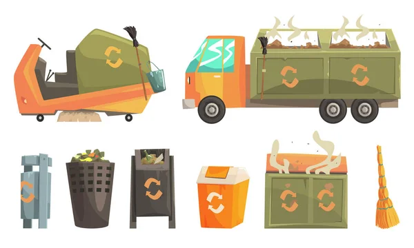 Çürüyen Atık, Ekoloji ve Geri Dönüşüm Vektörü İllüstrasyonlu Çöp Kamyonu ve Çöp Kutuları — Stok Vektör