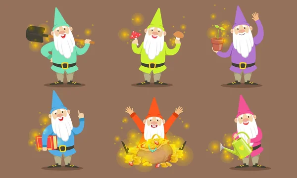 Happy Gnomes Set, Gnomi barbuti Personaggi con strumenti per ottenere oro, cristalli e pietre preziose Illustrazione vettoriale — Vettoriale Stock