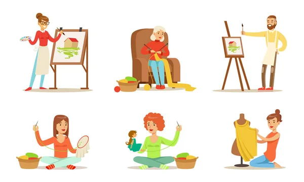 Menschen mit kreativen Berufen und Hobbys setzen, nähen, sticken, stricken, malen Vektor Illustration — Stockvektor