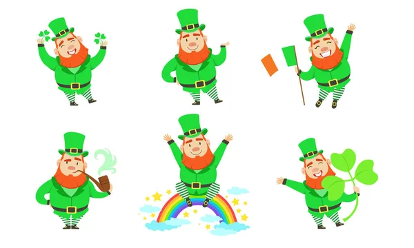 Leende Leprechauns Set, Roliga St Patricks Day Tecknad karaktär i olika situationer Vektor Illustration — Stock vektor