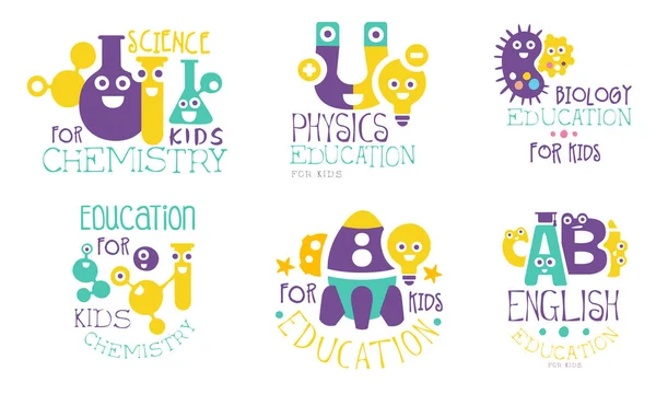 Conjunto de elementos escolares logos ilustración vectorial de dibujos animados — Vector de stock