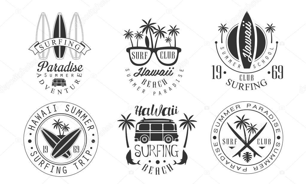Set of vintage logos. Hawaii paradise lettering, summer beach, surf, surfing and school club. Surfboard, palm trees, glasses, trailer car in black and white style vector illustration