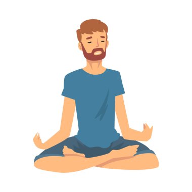 İnsan dengeyi meditasyon, rahatlama çizgi film vektör çizimi ile sağlama alır.
