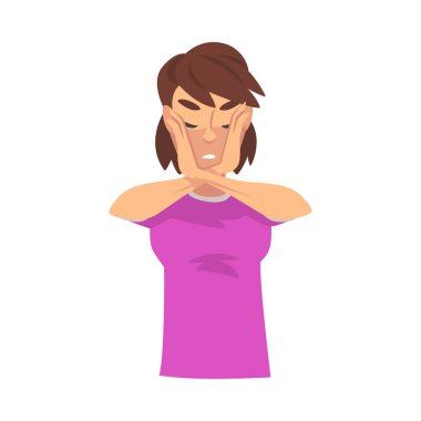 Girl is on the back of the palms on her face cartoon vector illustration