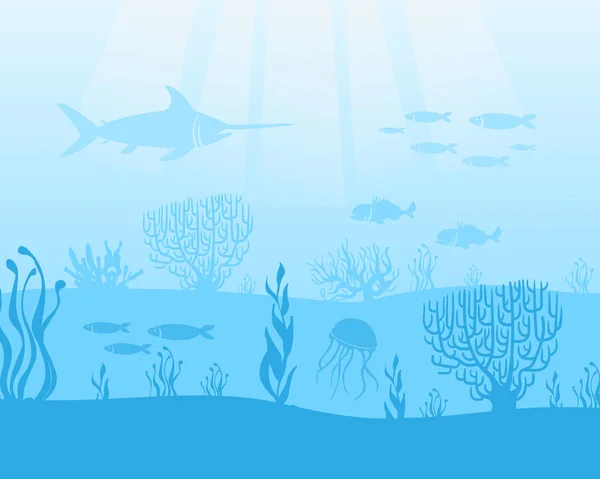 Thème marin, fond avec des poissons et des algues illustration vectorielle de dessin animé — Image vectorielle