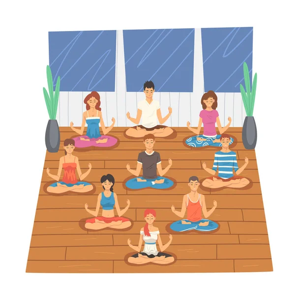 Les gens sécurisent l'équilibre avec la méditation de groupe, illustration vectorielle de dessin animé de relaxation — Image vectorielle