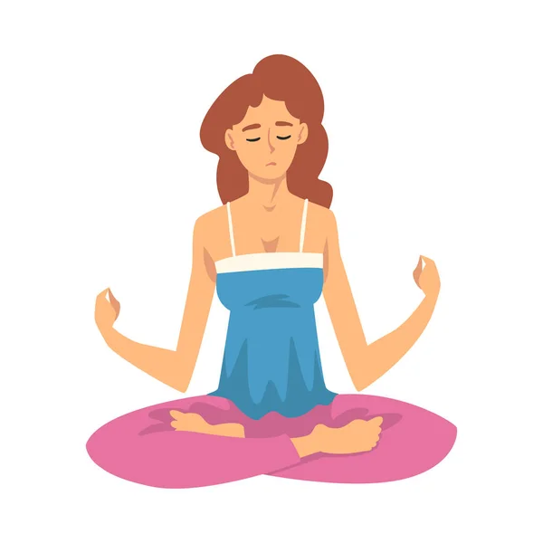 Mujer segura el equilibrio con la meditación, la relajación ilustración vector de dibujos animados — Vector de stock
