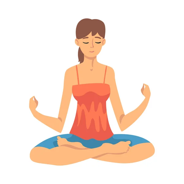 Mujer segura el equilibrio con la meditación, la relajación ilustración vector de dibujos animados — Vector de stock