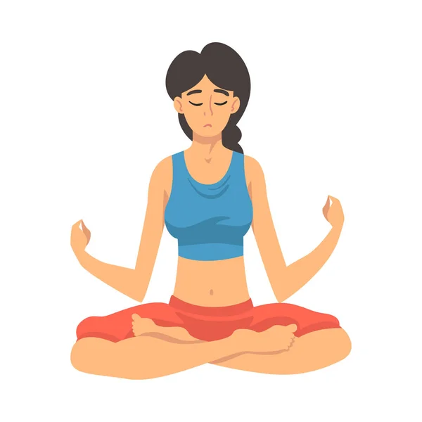 Mujer segura el equilibrio con la meditación, la relajación ilustración vector de dibujos animados — Vector de stock