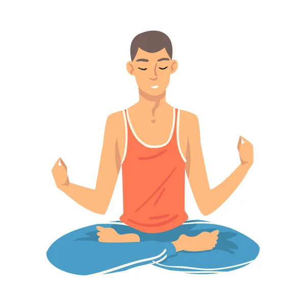 El hombre a salvo el equilibrio con la meditación, la relajación ilustración vector de dibujos animados — Vector de stock
