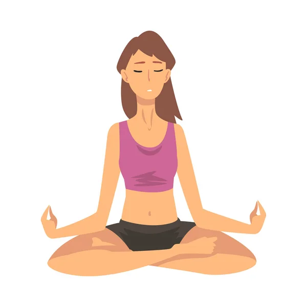 Mujer segura el equilibrio con la meditación, la relajación ilustración vector de dibujos animados — Vector de stock
