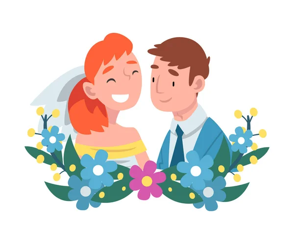 Ritratto di sposa e sposo in piedi dietro una ghirlanda illustrazione vettoriale del fumetto — Vettoriale Stock