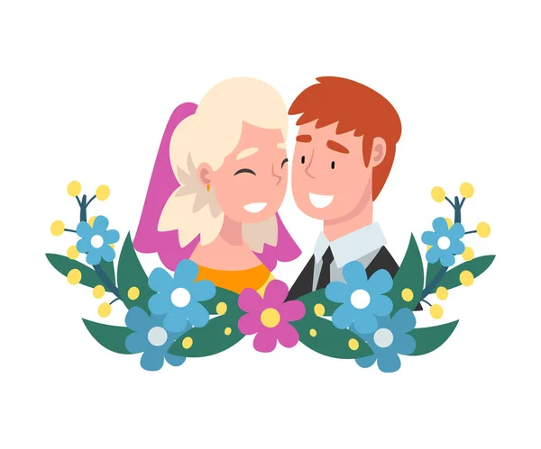 Portrait of bride and groom standing behind a wreath cartoon vector illustration — Stock Vector