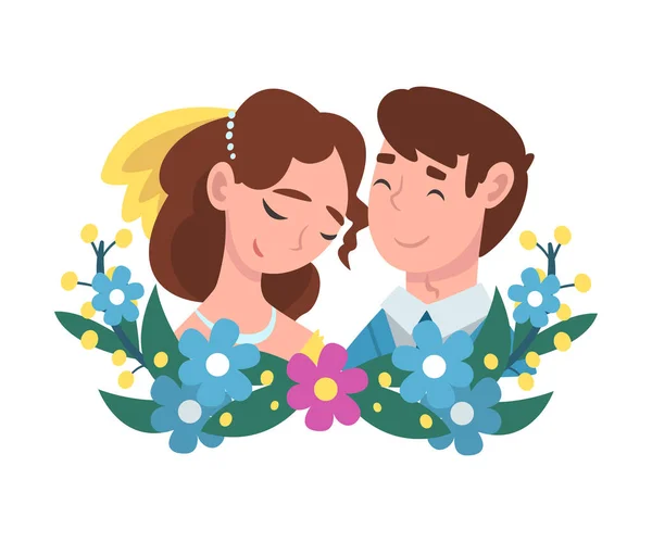 Retrato de la novia y el novio de pie detrás de una corona ilustración vector de dibujos animados — Vector de stock