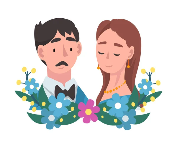 Retrato de la novia y el novio de pie detrás de una corona ilustración vector de dibujos animados — Vector de stock