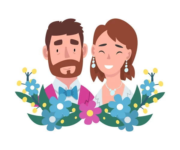 Retrato de la novia y el novio de pie detrás de una corona ilustración vector de dibujos animados — Vector de stock