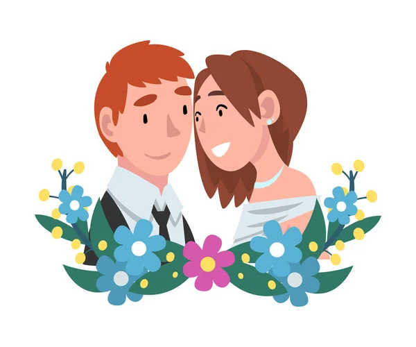 Retrato de la novia y el novio de pie detrás de una corona ilustración vector de dibujos animados — Vector de stock