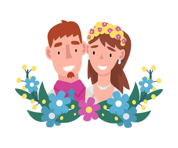 Portrait de mariée et marié debout derrière une illustration vectorielle de bande dessinée — Image vectorielle