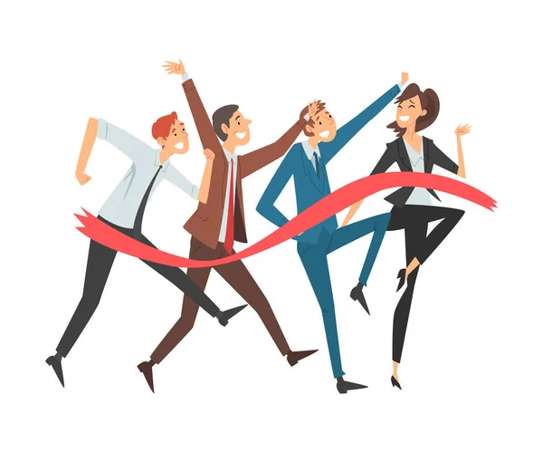 Pessoas em roupas de escritório alegremente corre através de fita vermelha desenho animado ilustração vetorial —  Vetores de Stock