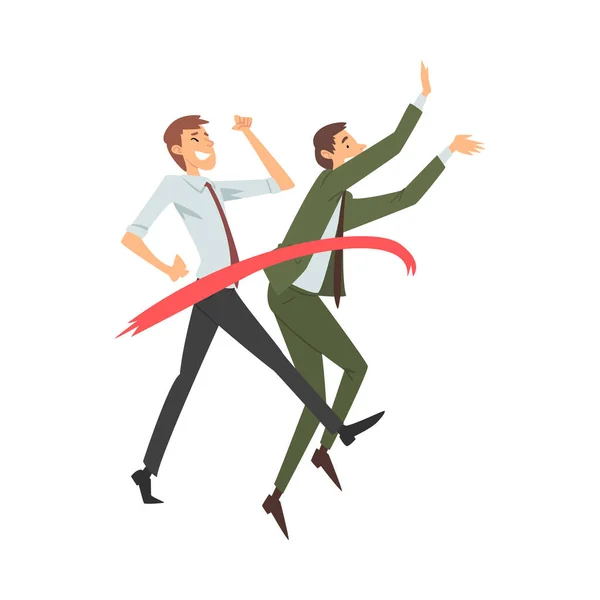 Двоє чоловіків в офісному одязі радісно проходять через червону стрічку мультфільм Векторні ілюстрації — стоковий вектор