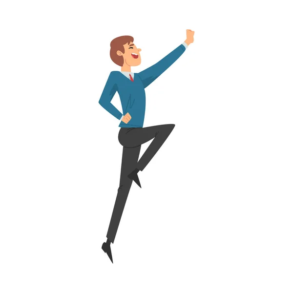 Homme en vêtements de bureau exécute joyeusement rebondissant illustration vectorielle de dessin animé — Image vectorielle