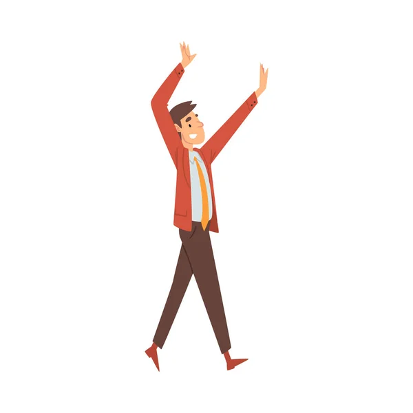 Homme en vêtements de bureau va joyeusement et vagues mains dessin animé vecteur illustration — Image vectorielle
