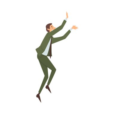 Ofis elbiseli adam sevinçle sıçrıyor ve çizgi film vektör resimlerini alkışlıyor.