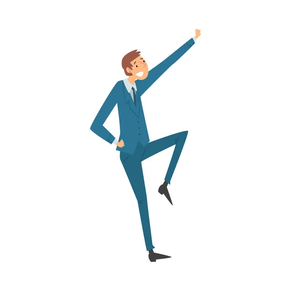 Man in kantoorkleding loopt vrolijk hand omhoog cartoon vector illustratie — Stockvector