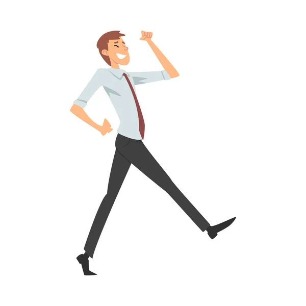 Man in kantoorkleding stapt vrolijk breed cartoon vector illustratie — Stockvector