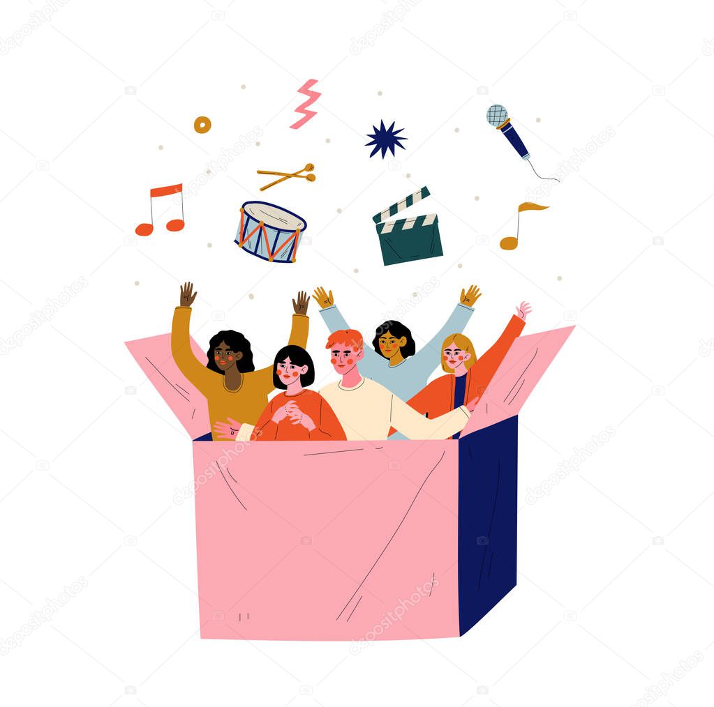 Young people are gathered in one box cartoon vector illustration