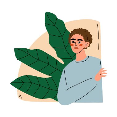 Adam dışarı bakar ve arkasında vektör çizimi bırakır.