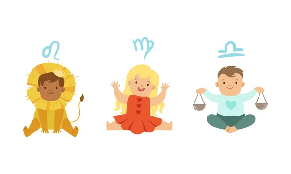 Cute Little Kids Wearing as Zodiac Signs Set, Leo, Virgo, Libra Vector Illustration — Stock Vector