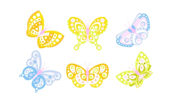 Latające motyle kolekcji, niebieski i żółty piękne owady wektor ilustracji — Wektor stockowy