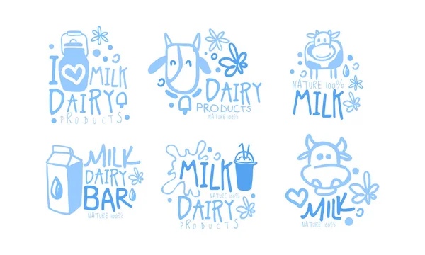 Logotipo de productos lácteos lácteos naturales, barra de leche dibujada a mano etiquetas Vector ilustración — Archivo Imágenes Vectoriales