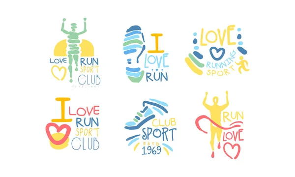 Running Sport Club Logo Set, I Love Run Retro Hand Drawn Labels Vector Illustration — Stock Vector
