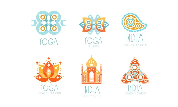 Indien Yoga Studio logo set, gesundheitszentrum etiketten vektor illustration — Stockvektor