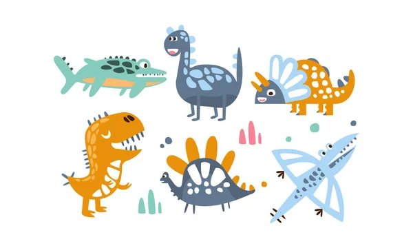Conjunto de dinossauros bonitos, adoráveis animais coloridos infantis imprime ilustração vetorial —  Vetores de Stock