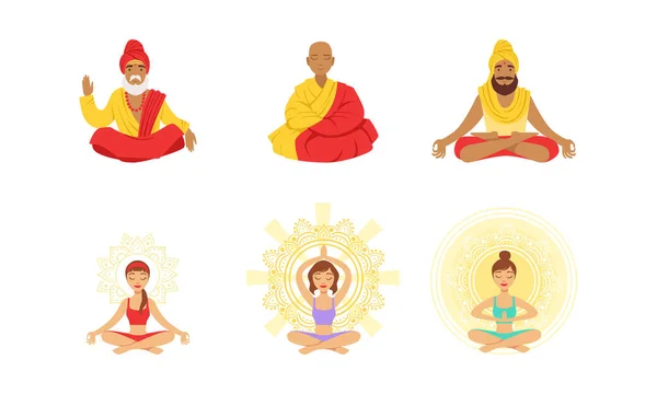 Meditating People in Yoga Lotus Poses Set, Yogi Men, Girl Practicing Yoga in Studio Vector Illustration — ストックベクタ