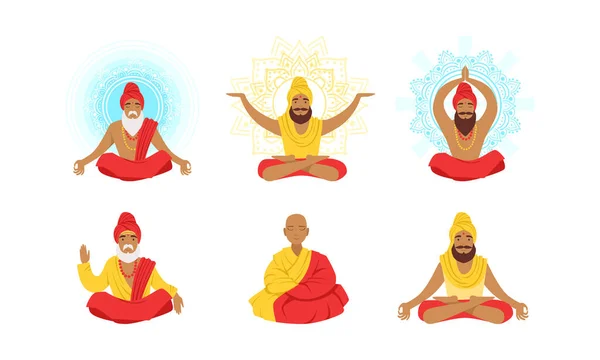 Yogi Hommes Personnages Set, Méditer les gens dans le Yoga Lotus Poses Illustration vectorielle — Image vectorielle