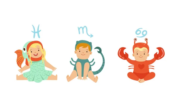 Cute Little Kids Wearing as Zodiac Signs Set, Pisces, Scorpio, Cancer Vector Illustration — ストックベクタ