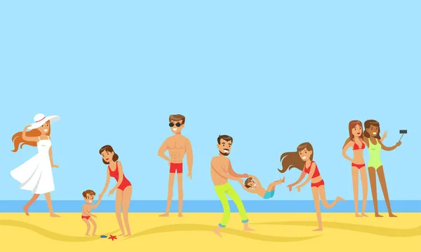 Turisti in vacanza estiva Set, persone felici rilassante e divertirsi sulla spiaggia vettoriale Illustrazione — Vettoriale Stock