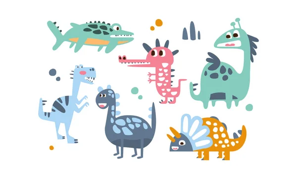 Ensemble de dinosaures mignons, animaux adorables Illustration vectorielle d'empreintes d'enfants — Image vectorielle