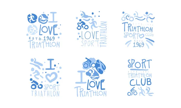 Triathlon Club Logo Set, I Love Sport Retro Handgetrokken Labels Vector Illustratie — Stockvector