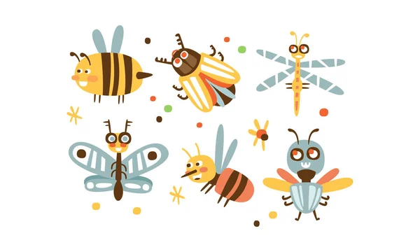 Симпатичный набор, пчела, колорадский картофельный жук, дракончик, муха, оса, муха детская — стоковый вектор
